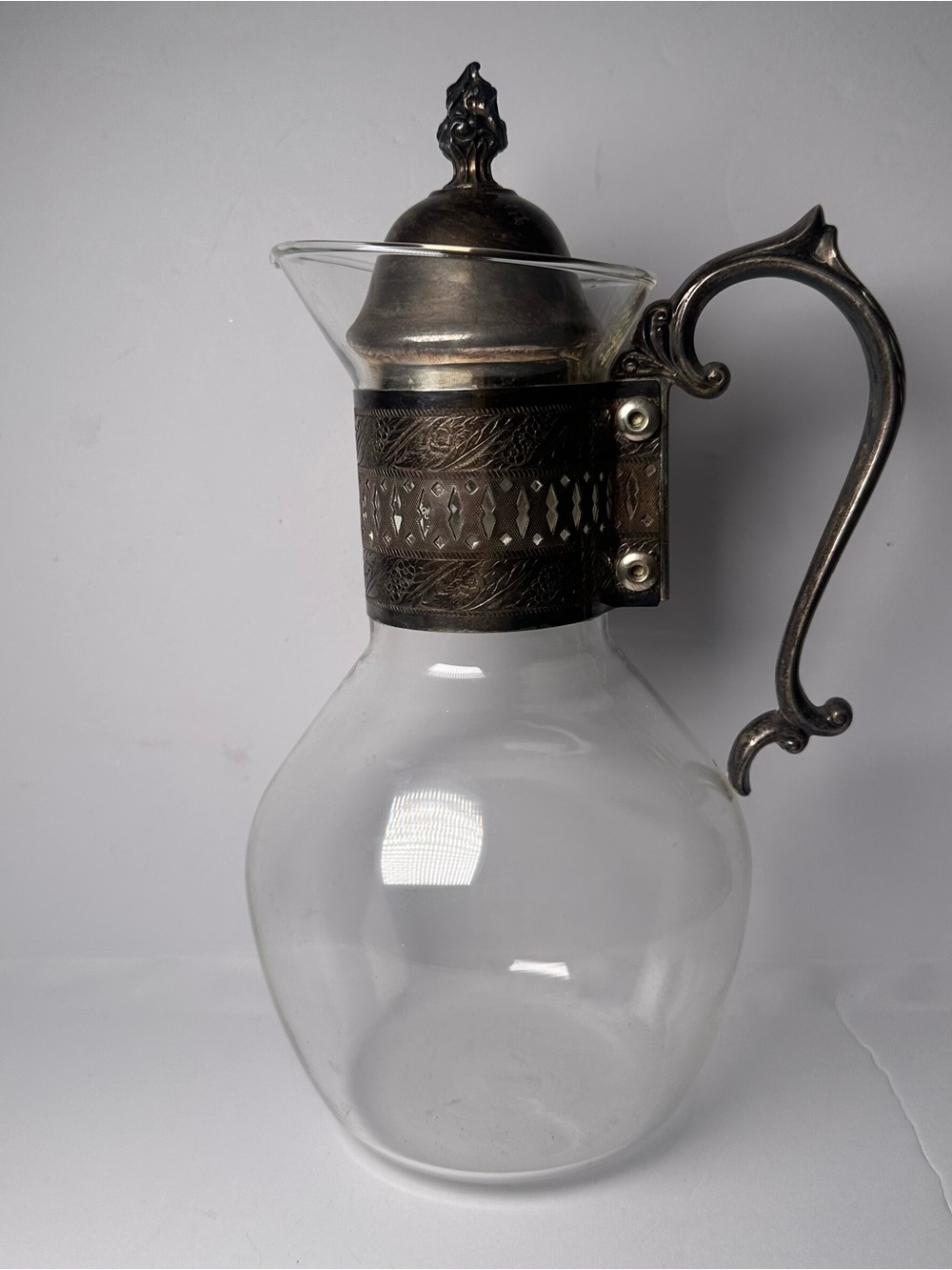 VTG Corning Glass Heat-Proof Coffee Pot Carafe Silver Plate Filigree Decanter